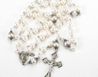 White, Freshwater Pearl Catholic Women&#39;s Rosary Handmade - 5 Decade, Sterling Silver, Miraculous Center - Heirloom Custom Gift for Her, Mom