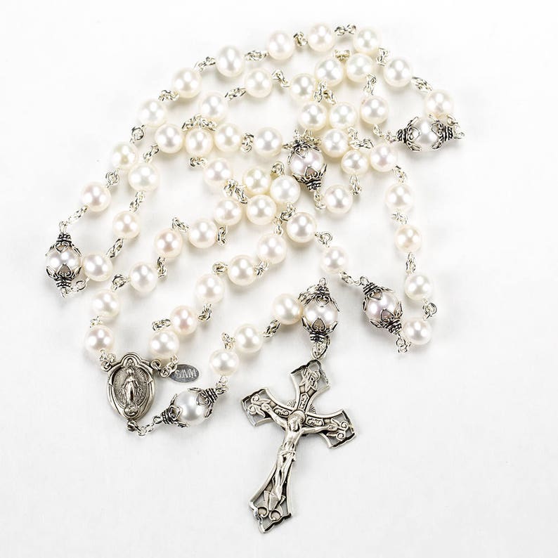 White, Freshwater Pearl Catholic Women's Rosary Handmade 5 Decade, Sterling Silver, Miraculous Center Heirloom Custom Gift for Her, Mom image 1