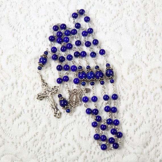 Blue Lapis Lazuli Catholic Rosary Handmade Gift, Sterling Silver