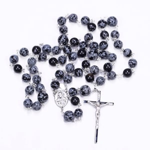 Snowflake Obsidian Men&#39;s Rosary - Handmade, Catholic Man&#39;s Rosaries with Obsidian Stones, Sterling Silver Center, Crucifix, Gift for Him
