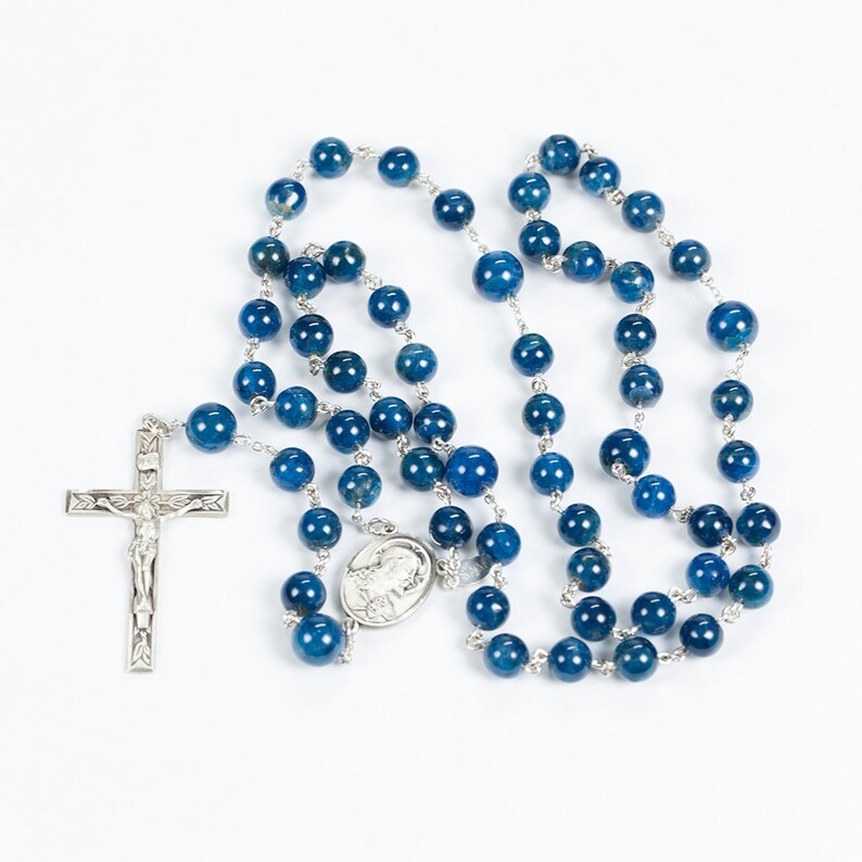 Apatite Blue Men's Catholic Rosary Beads, Apetite stones, Sacred Heart of Jesus Center, Crucifix Gift for Catholic Dads & Confirmation image 4