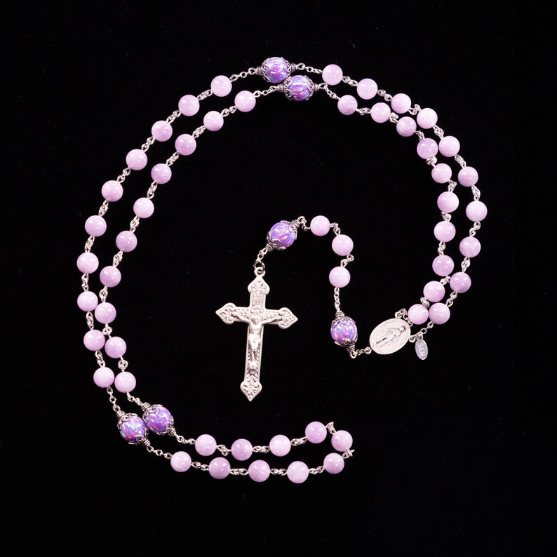 Kunzite Opal Catholic Womens Rosary Handmade 5 Decade Rosaries, Sterling Silver, Miraculous Center, Ornate Crucifix Heirloom image 3