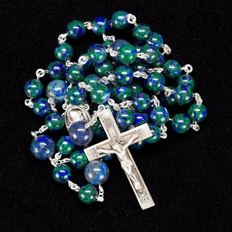 Azurite Men's Rosary Beads Handmade, Heirloom Catholic Man's Rosaries, Sacred Heart of Jesus, Sterling Silver Crucifix, Gift for Dad image 1