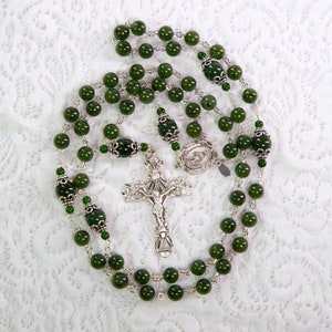 Green Jade Stone Rosary Beads, Catholic Women & Mothers, Sterling Silver, Miraculous Medal, Handmade, Unique, Custom Heirloom Gift for Mom