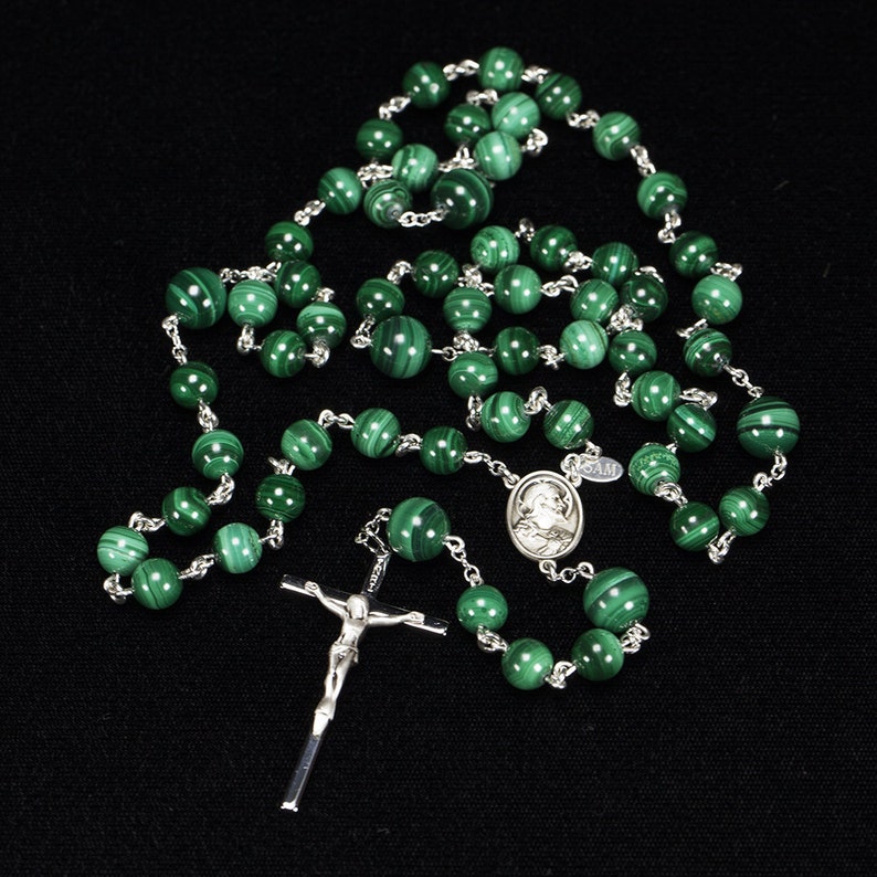 Green Malachite Rosary for Catholic Men Handmade Rosaries with Malachite Stone Beads, Sacred Heart of Jesus, Crucifix Gift for Him, Dad image 1