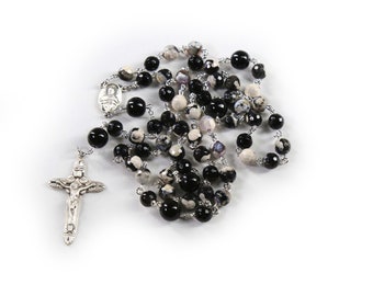 Black & White Agate Men's Rosary - Handmade, Heirloom Gift, 5-Decade, Catholic Rosaries with Agate Beads, Sterling Silver, Scapular Center