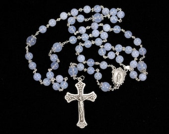 Blue Chalcedony Rosary - Handmade Gift for Catholic Women - Miraculous Medal Center, Crucifix, Sterling Silver, Heirloom Womans Rosaries