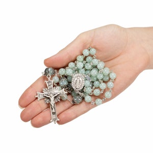 Green Jade Stone Rosary Beads, Catholic Women & Mothers, Sterling Silver, Miraculous Medal, Handmade, Unique, Custom Heirloom Gift for Mom image 5