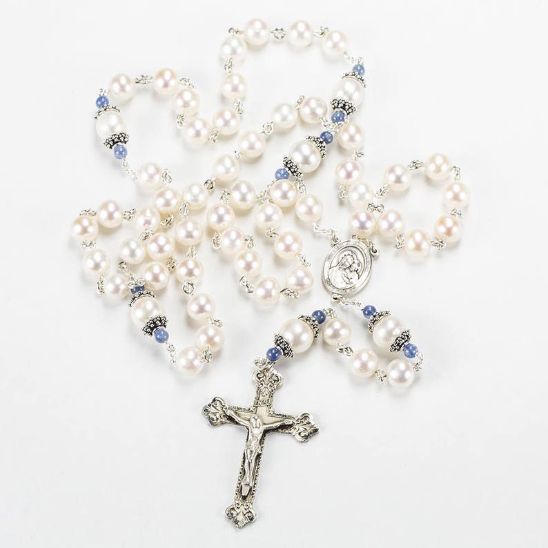 Mother of Mary Mantle Rosary Freshwater Pearls & Kyanite Handmade Heirloom, Unique Gift for Catholic Women and Mom, Bali Sterling Silver image 4