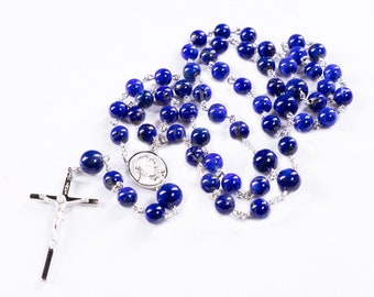 Blue Lapis Men's Catholic Rosary - Handmade, Heirloom Custom Rosaries - Sacred Heart of Christ Center, Simple Crucifix - Gifts for Dad