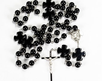 Black Onyx Catholic Rosary with Crosses - Handmade Rosaries Gift for Men or Women with Sterling Silver