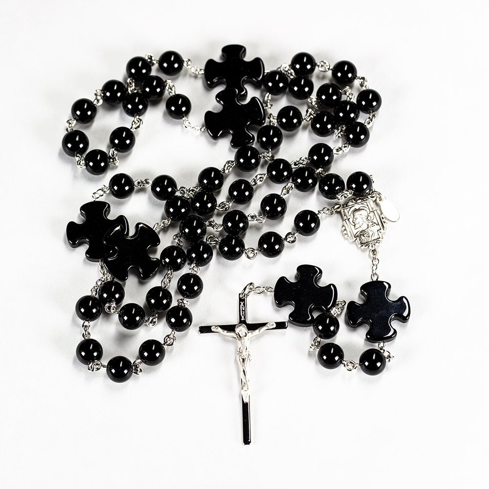 Black Onyx Catholic Rosary with Crosses - Handmade Rosaries Gift for Men or Women with Sterling Silver