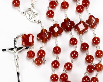 Red Carnelian Rosary with Crosses - Handmade Catholic Rosaries Gift for Men or Women - Sterling Silver, Simple Crucifix - Heirloom Christmas