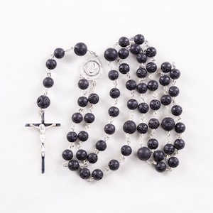 Lava Rock Men&#39;s Rosary - Handmade, Heirloom Rosaries, Miraculous Medal, Crucifix, Rough Cut Sterling Silver - Custom Gift for Dad & Fathers