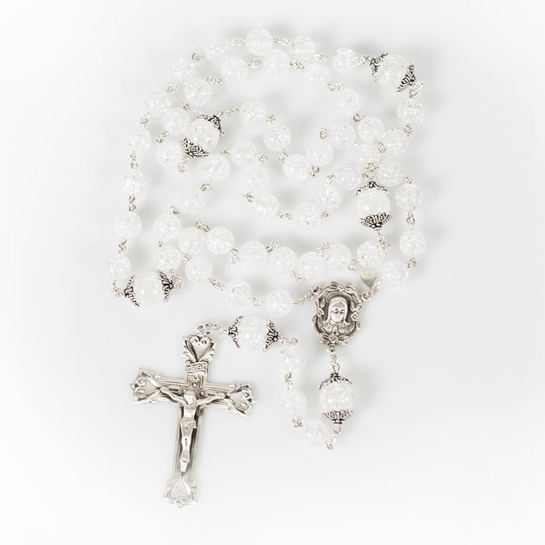 Cracked Crystal Catholic Rosary Handmade Gift for Women, Madonna Center, Ornate Crucifix, Bali Sterling Silver Unique, Heirloom Rosaries image 2