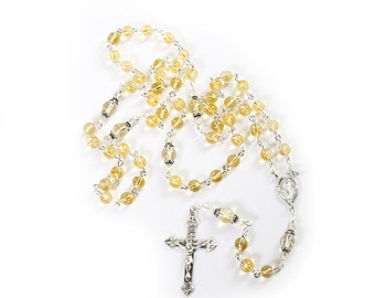 Citrine Quartz Catholic Rosary - Handmade Gift for Mom, Sterling Silver Miraculous Medal, Crucifix - Heirloom, Custom Rosaries