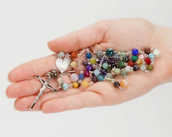 Unique Heirloom Catholic Rosary - "We Are One Body" Semi-Precious Stones - Handmade, Custom 5 Decade Prayer Rosaries Gift for Men or Women