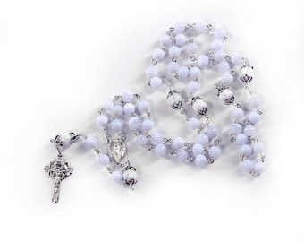 Blue Chalcedony & Opal Rosary - Handmade Gift for Catholic Women - IHS Center, Crucifix, Sterling Silver, Heirloom Catholic Rosaries