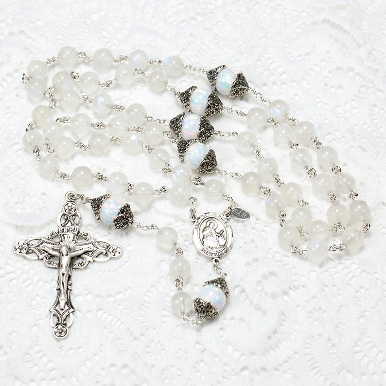 Rainbow Moonstone Women's Rosary Marcasite Silver, Our Lady of Mercy center, Ornate Crucifix Handmade Rosary with Engraving image 1