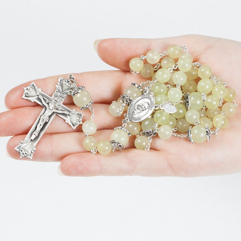 New Jade Catholic Womens Rosary Handmade with Pale Yellow Green Stones, Marcasite Bead Caps and Blessed Trinity Center. Heirloom Rosaries image 5