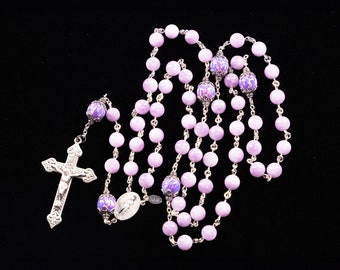 Kunzite Opal Catholic Womens Rosary - Handmade 5 Decade Rosaries, Sterling Silver, Miraculous Center, Ornate Crucifix Heirloom