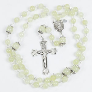 New Jade Catholic Womens Rosary Handmade with Pale Yellow Green Stones, Marcasite Bead Caps and Blessed Trinity Center. Heirloom Rosaries image 2