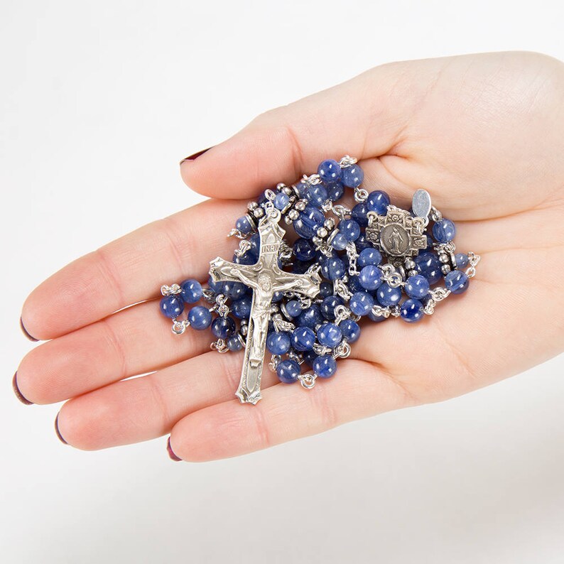 Blue Kyanite Rosary for Catholic Women Sterling Silver, Handmade, Custom, Unique, Heirloom Gift Rosaries, Ornate Miraculous Medal Center image 5