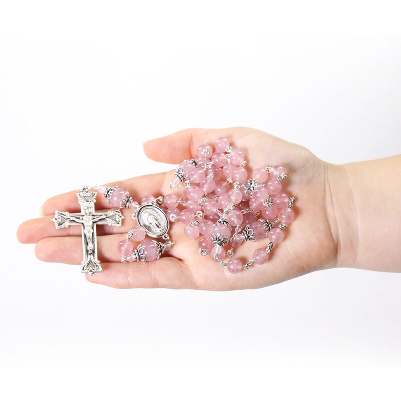 Pink Madagascar Rose Quartz Women's Rosary Handmade Gift for Her, Sterling Silver Bead Caps, Center, Crucifix Heirloom Catholic Rosaries image 6