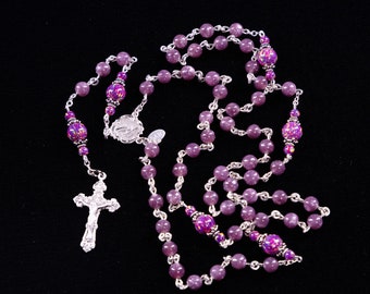 Lepidolite Opal Catholic Women's Rosary | Sterling Silver, Miraculous Medal Center & Baroque Crucifix - 5 Decade, Handmade Heirloom Rosaries