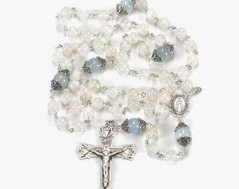 Rainbow Moonstone Aquamarine Catholic Womens Rosary, Marcasite Silver, Miraculous Medal, Ornate Crucifix, Handmade Heirloom Rosaries for Mom