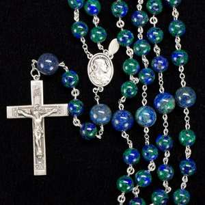 Azurite Men's Rosary Beads Handmade, Heirloom Catholic Man's Rosaries, Sacred Heart of Jesus, Sterling Silver Crucifix, Gift for Dad image 2