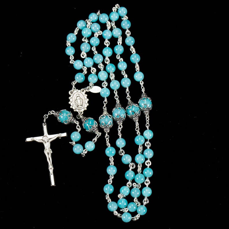 Amazonite Rosary Dainty Handmade Gift for Catholic Women & Children, Sterling Silver, Ornate Center Custom, Heirloom 5-Decade Rosaries image 5