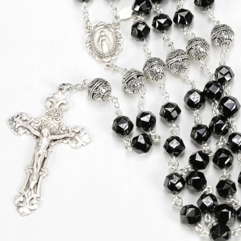 Black Spinel Catholic Rosary Handmade Rosaries Gift for Women & Mom Miraculous Medal, Bali Sterling Silver Heirloom Custom Prayer Beads image 5