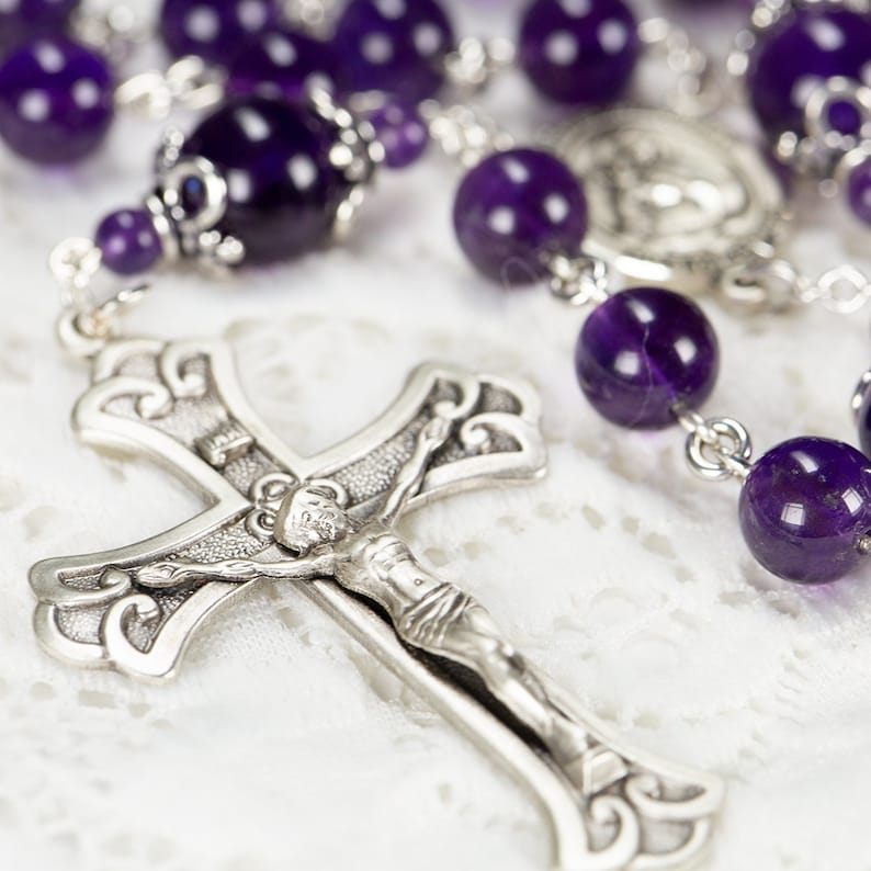 Amethyst Catholic Women's Rosary Bali Sterling Silver, Miraculous Medal, Gemstone Handmade, Heirloom, Custom Rosaries, Gift for Mom image 6