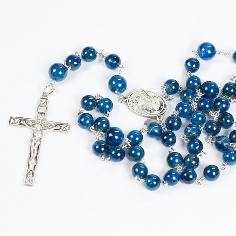 Apatite Blue Men's Catholic Rosary Beads, Apetite stones, Sacred Heart of Jesus Center, Crucifix Gift for Catholic Dads & Confirmation image 5