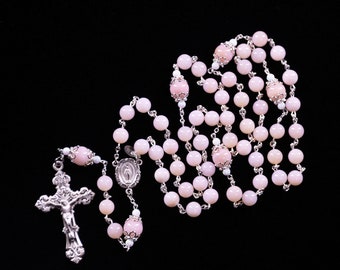 Pink Opal Rosary, Handmade Heirloom Rosaries | Sterling Silver, Miraculous Medal, Baroque Crucifix | Gift for Catholic Women & Mom