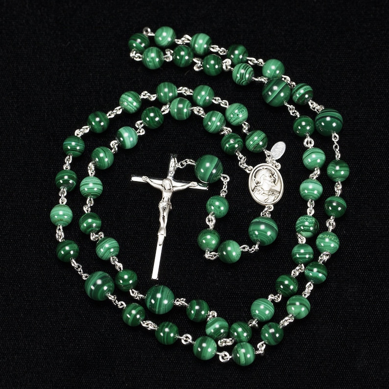 Green Malachite Rosary for Catholic Men Handmade Rosaries with Malachite Stone Beads, Sacred Heart of Jesus, Crucifix Gift for Him, Dad image 3