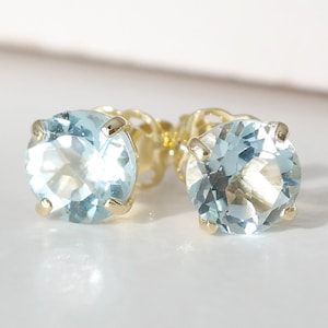 Aquamarine Stud Earrings, March Birthstone Ear Studs, Dainty 9ct Pale Blue Gemstone Stud Earrings, Solid Gold Blue Aquamarine Studs