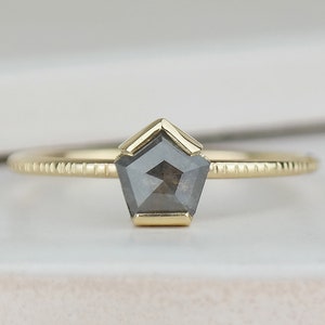 Grey Diamond Pentagon Ring, Grey Rose Cut Diamond Engagement Ring, Alternative Bridal Diamond Ring, Gold Unique Diamond Ring image 1