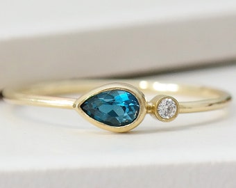 London Blue Topaz Gold Ring, Natural Blue Topaz Engagement Ring, 9ct Solid Gold Diamond and Topaz Ring, November Birthstone Ring