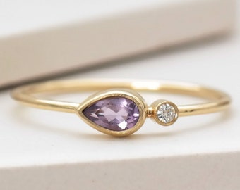 9ct Gold Amethyst Ring, Minimalist Amethyst Pear Solitaire Ring, Genuine Amethyst and Moissanite Diamond Ring, February Birthstone Jewellery