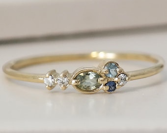Solid Gold Sapphire Ring, Diamond and Aquamarine Engagement Ring, 9ct Oval Sapphire Jewelry, September Birthstone Gold Solitaire Ring