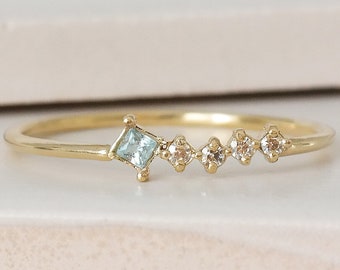 Princess cut Aquamarine Ring, Solid Gold Aquamarine Stacking Ring, Natural Aquamarine Valentines Gift, Dainty Birthstone Ring