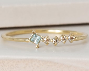 Princess cut Aquamarine Ring, Solid Gold Aquamarine Stacking Ring, Natural Aquamarine Valentines Gift, Dainty Birthstone Ring