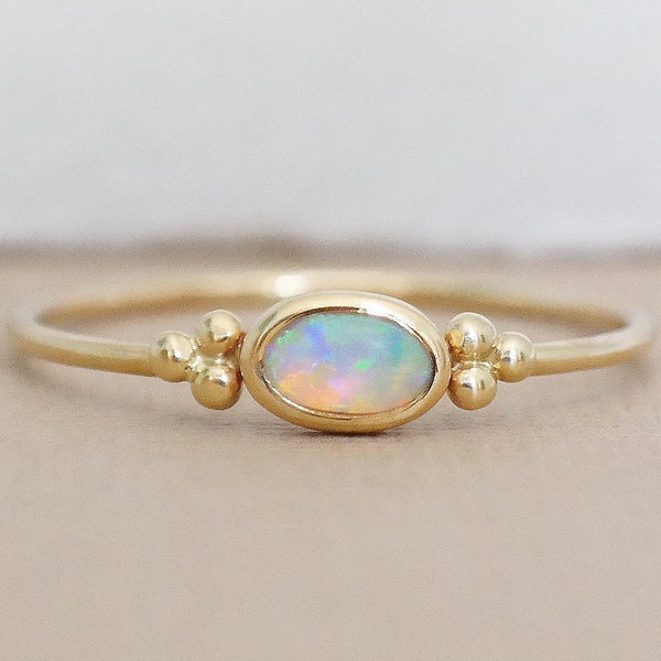 Solid Gold Opal Ring, Opal Stacking Ring, White Opal Jewelry, October Birthstone Ring, 9ct Dainty Gold Ring, Opal Gemstone Ring