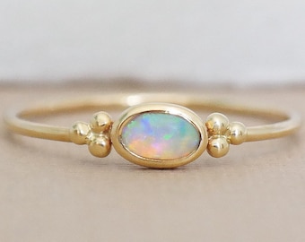 Solid Gold Opal Ring, Opal Stacking Ring, White Opal Jewelry, October Birthstone Ring, 9ct Dainty Gold Ring, Opal Gemstone Ring