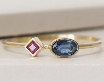 14k Blue Sapphire Ring, Natural Sapphire Engagement Ring, Ruby and Sapphire Wedding Ring, September Birthstone Ring, Promise Ring