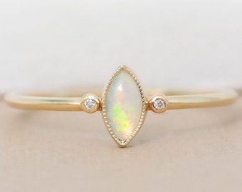 Gold Opal Ring, Fire Opal Engagement Ring, White Opal Ring, October Birthstone Ring, 9ct Dainty Gold Ring, Opal Gemstone Ring