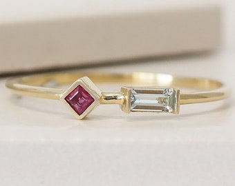 Aquamarine Promise Ring, Dainty Ruby and Aquamarine Engagement Ring, Vintage 9ct Solid Gold Aquamarine Jewellery, Gold Birthstone Ring