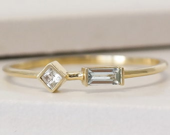 Aquamarine and Sapphire Engagement Ring, Dainty Gold Aquamarine Ring, 9ct Solid Gold Aquamarine Jewellery, Gold Birthstone Ring